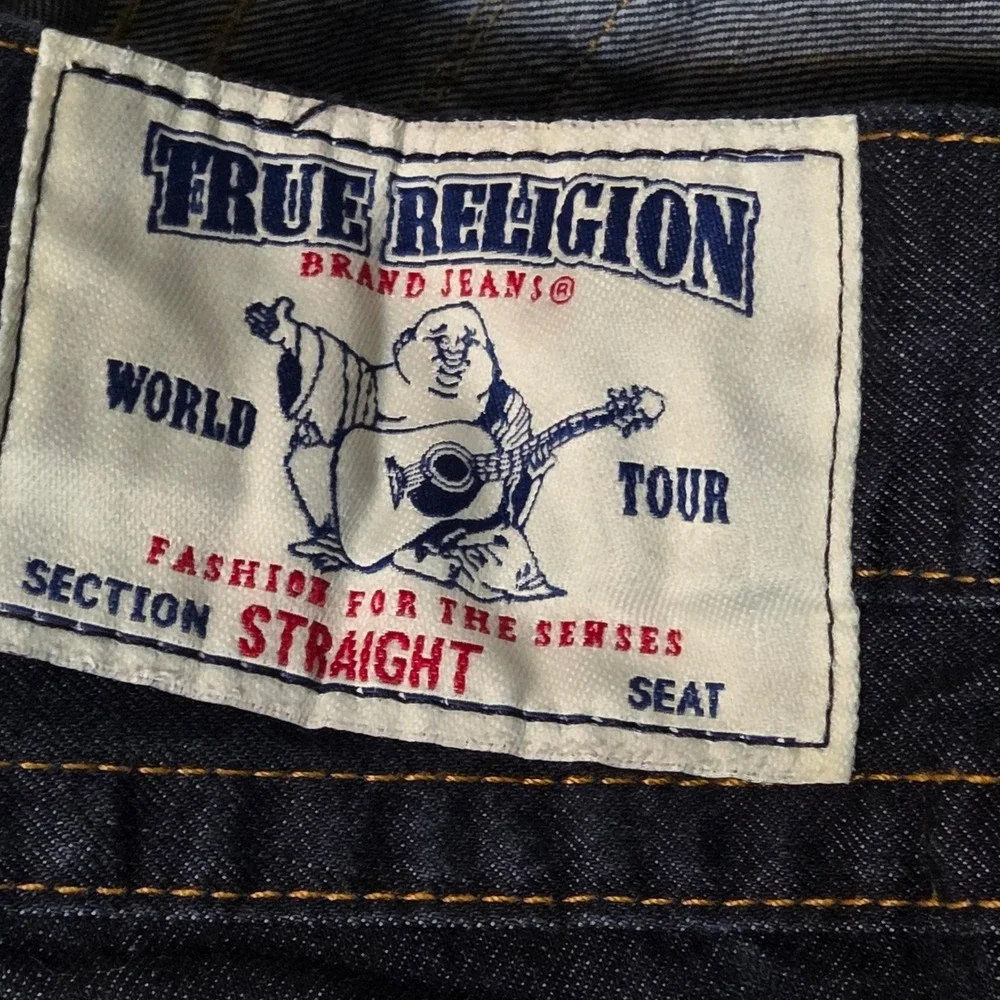 True Religion Straight Leg Jeans Mens 32 Dark Wash Indigo Horseshoe Flap Pocket